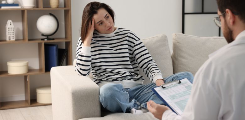 A woman sitting on a couch, talking to a therapist.