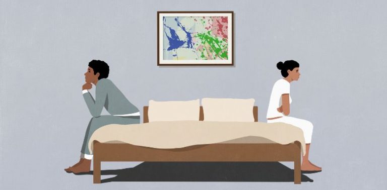 An illustration of a frustrated-looking couple sitting on opposite sides of a bed.
