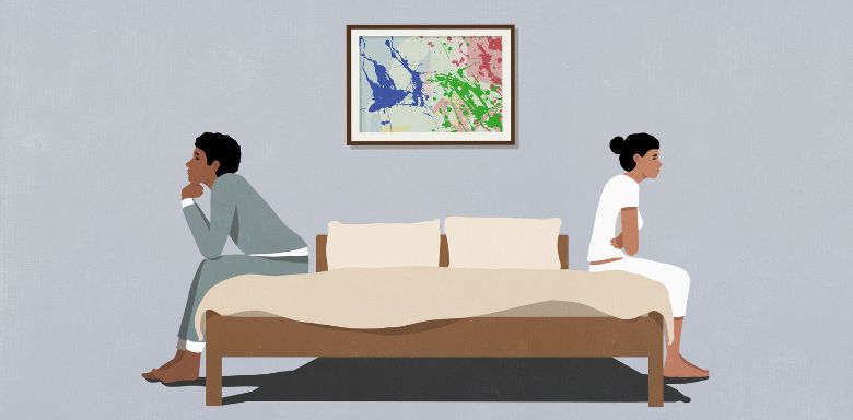 An illustration of a frustrated-looking couple sitting on opposite sides of a bed.