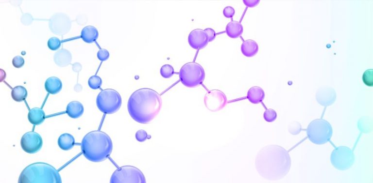 A digital drawing of connected molecules, in shades of purple and blue.