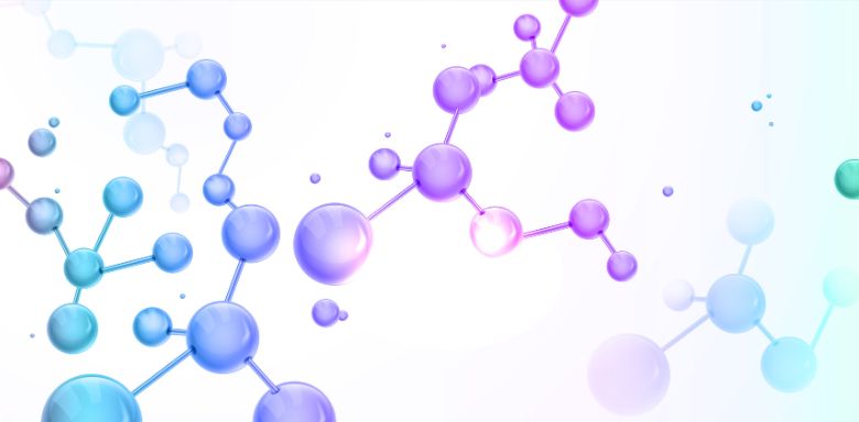 A digital drawing of connected molecules, in shades of purple and blue.