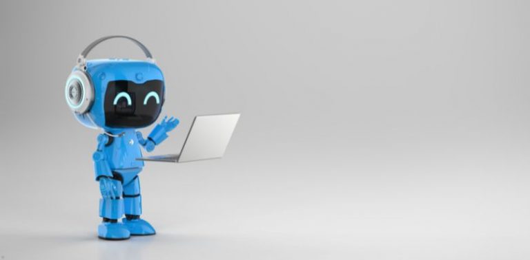 A digital drawing of a blue robot holding a laptop, standing against a grey background.