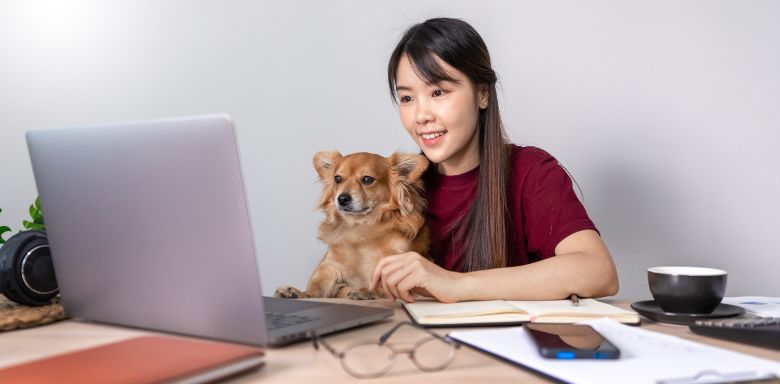 A woman sitting at a table with a dog on her lap. She is looking at a laptop, working.